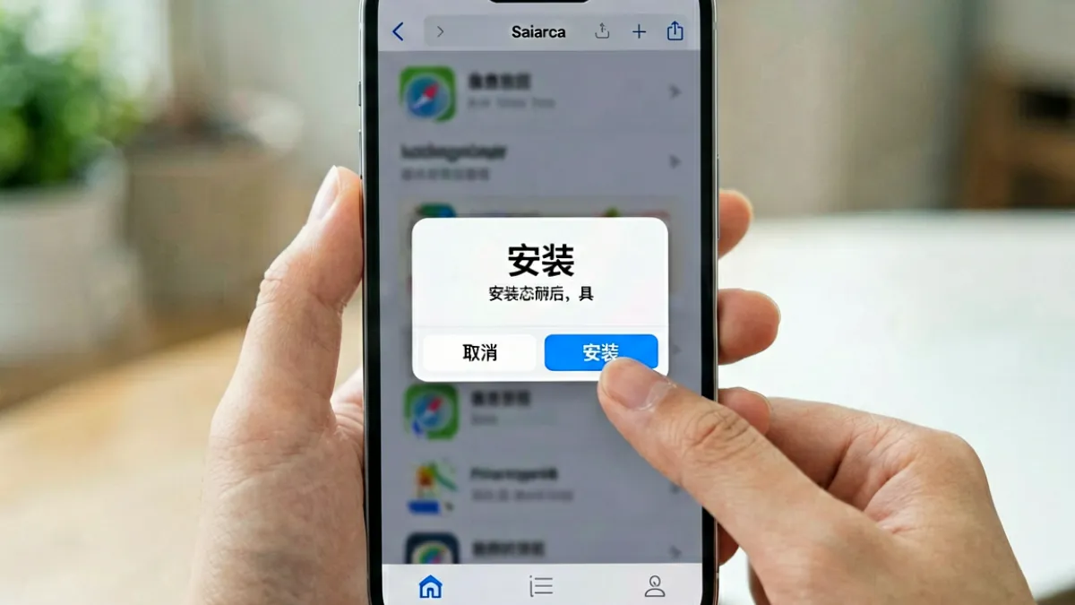 iPhone手机Safari浏览器中打开蜜桃811TV直播APP下载链接并弹出安装确认框的操作截图