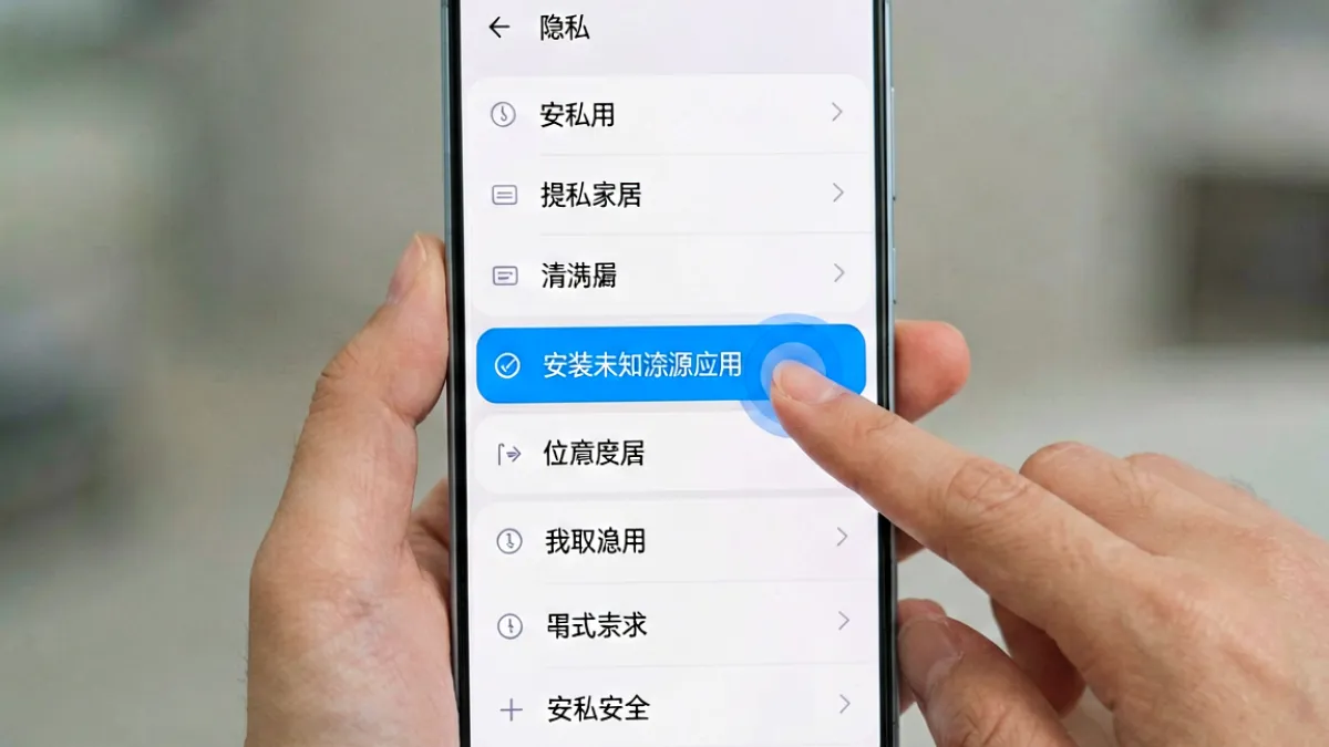Android 手机安全设置页面截图，展示开启未知来源应用安装权限的操作步骤